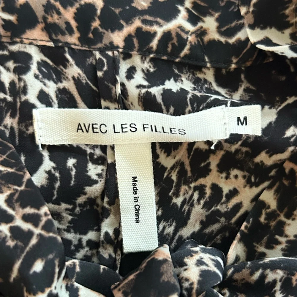 Avec Les Filles | Women’s Black/Tan Long-Sleeve Leopard Print Shirt Dress Size M